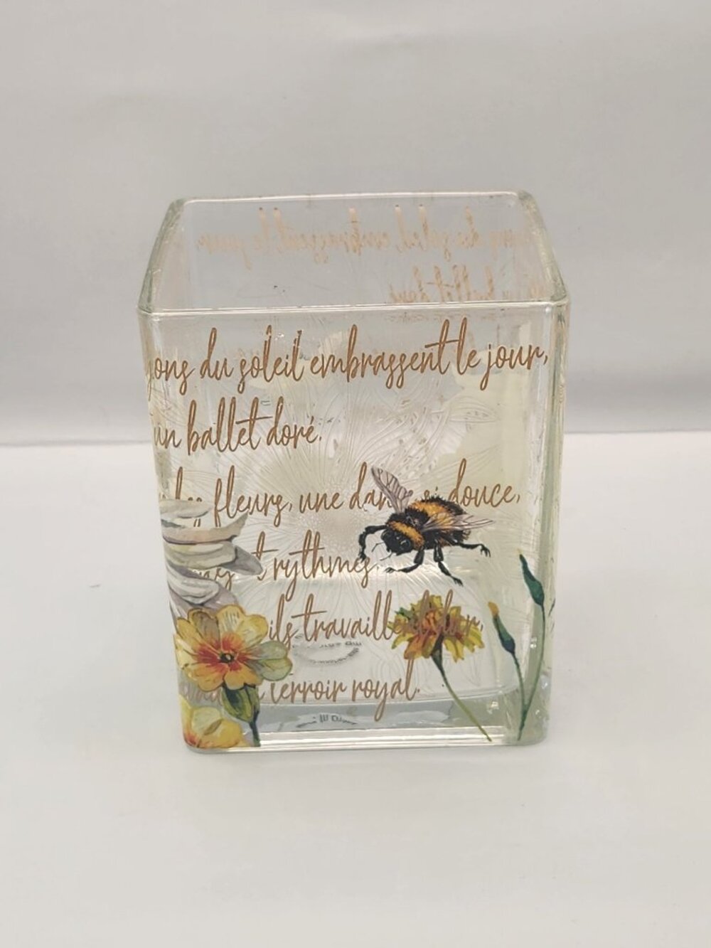 Teleflora Glass Vase w/ Bees & Flowers French Script Square Floral Decor
